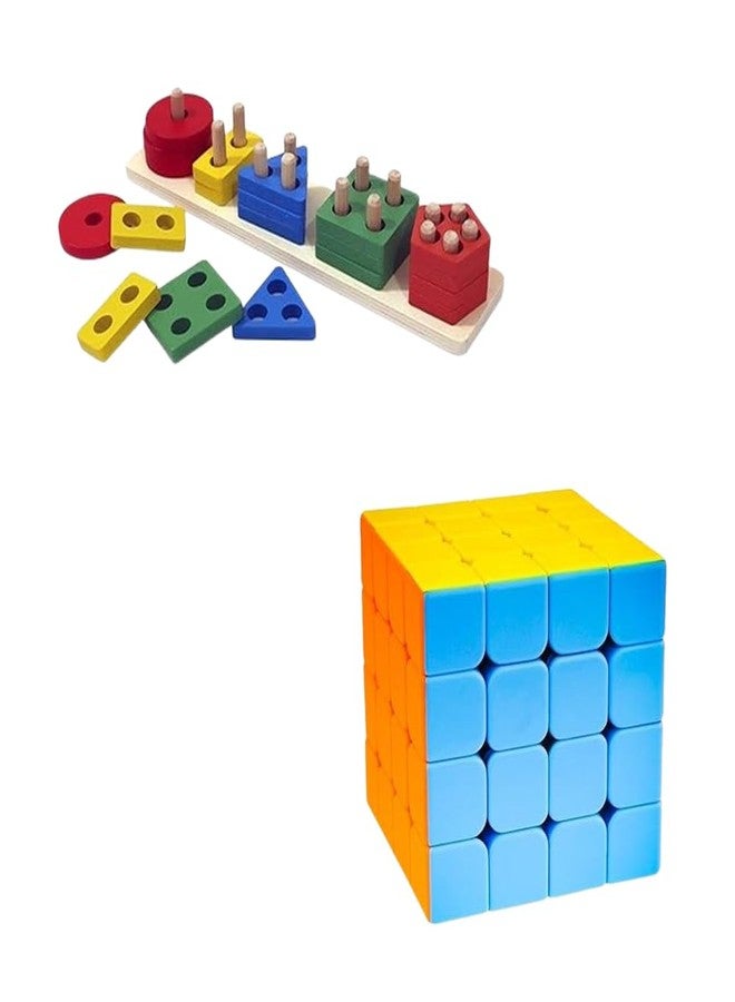MKY Wooden Intellectual Geometric Shape Matching Five Column Blocks Toys and 4X4 Cube Stickerless Speed Cube Magic Cube Puzzle for Kids (Combo of 2) - Image 1